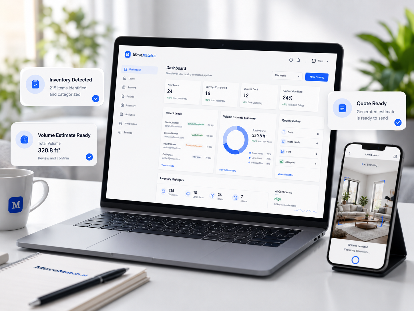 MoveMatch dashboard showing AI-powered moving volume calculator